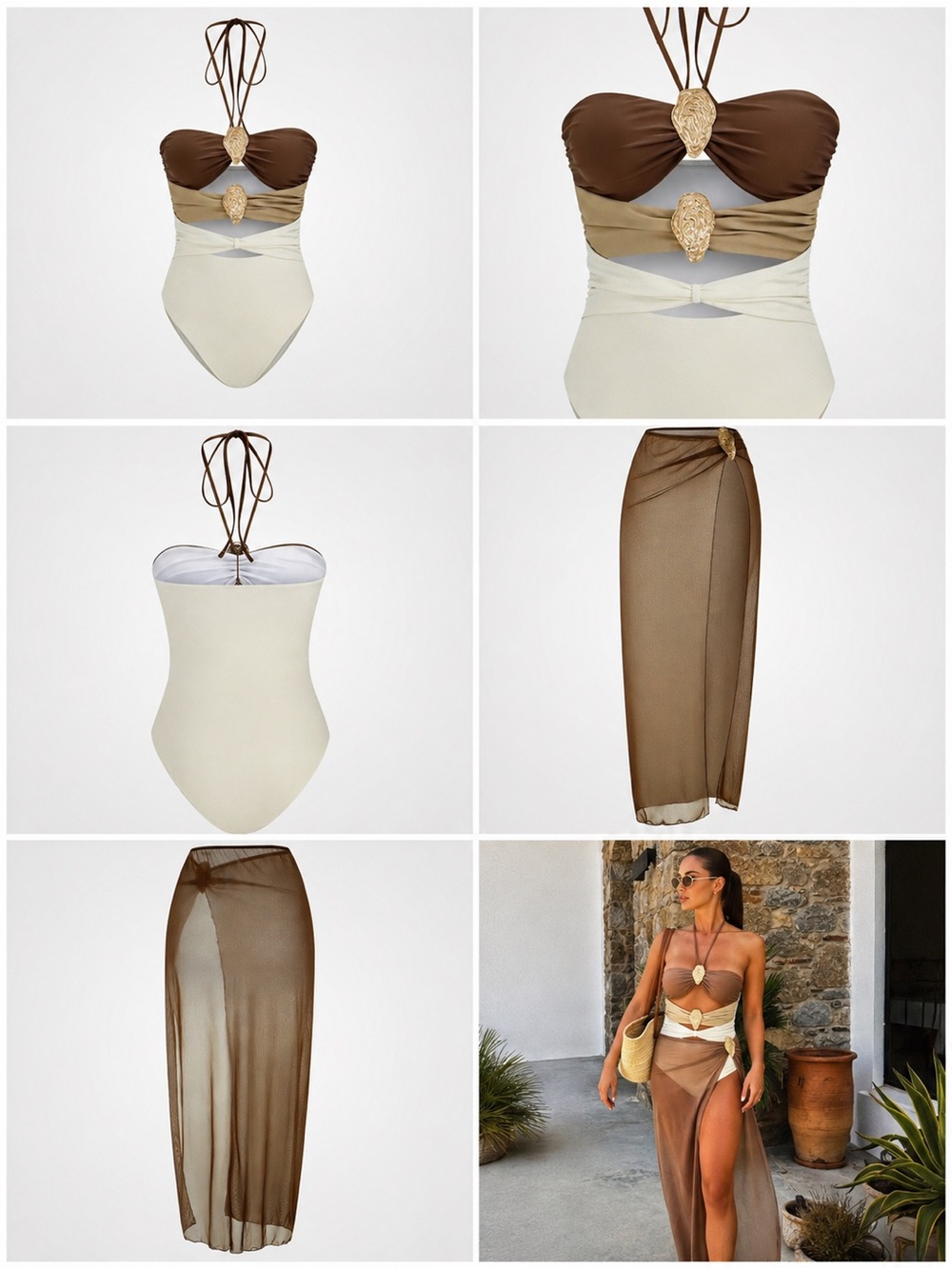 New with Tag! Two-Tone Brown & Cream One-Piece Swimsuit with Brown Sheer Sarong - Picture 2 of 14